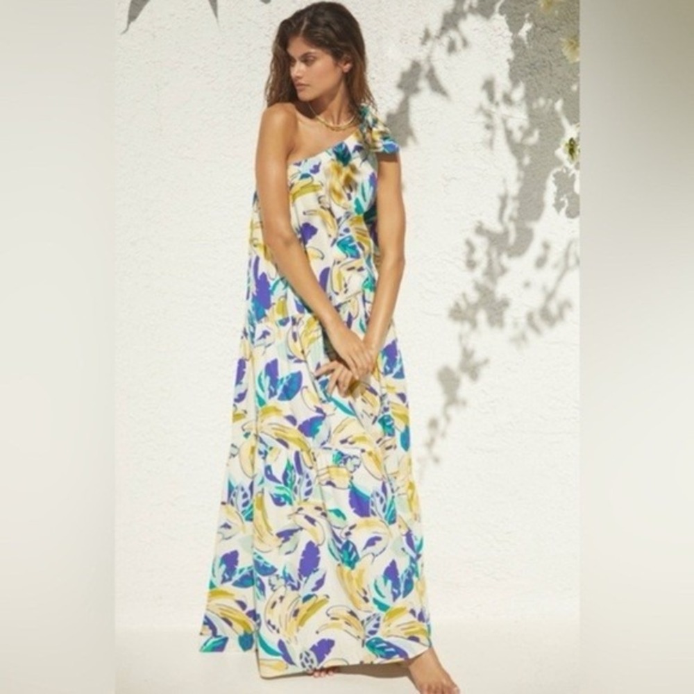 Anthropologie Maxi Skirt Women Medium White Yellow Banana Tropical Ruffle Tiered